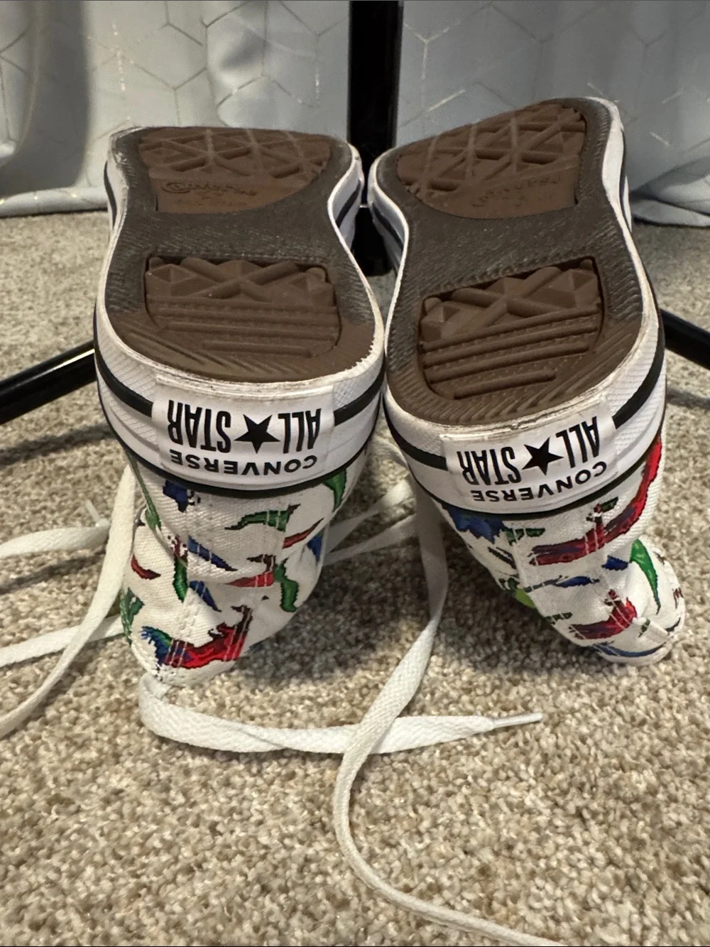 Converse White High-Top Sneakers with Red, Green & Blue Dinosaur Print